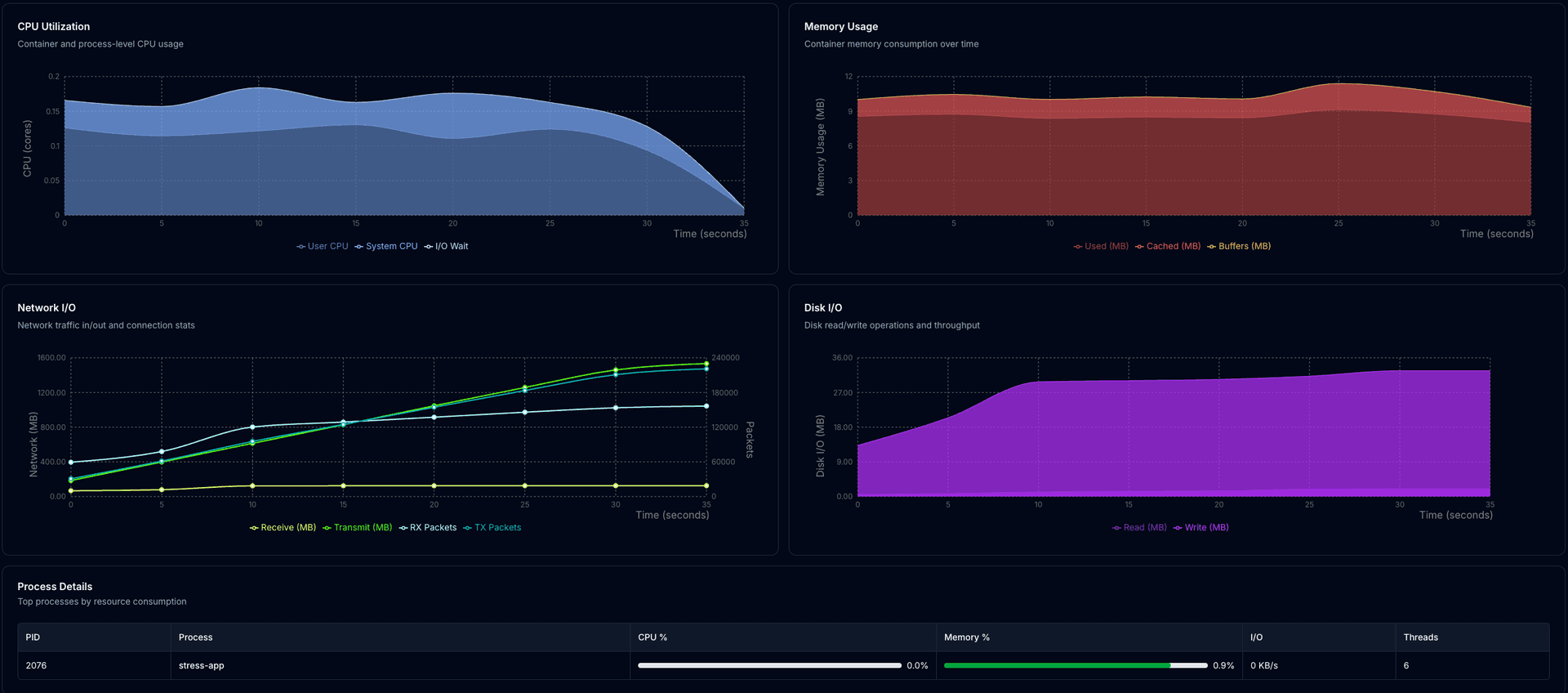 BenchTest resource utilization dashboard showing CPU, memory, and disk usage metrics for container performance optimization